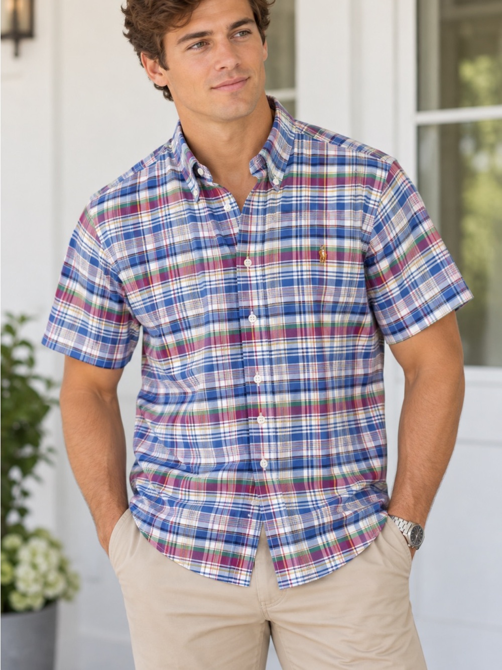 Ralph Lauren Men's Short-Sleeve Plaid Button-Up Shirt - Blue & White